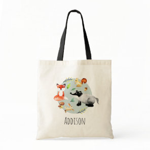 Boys Cute Wildlife Forest Animals Fox & Name Kids Tote Bag