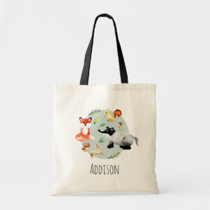 Boys Cute Wildlife Forest Animals Fox & Name Kids Tote Bag