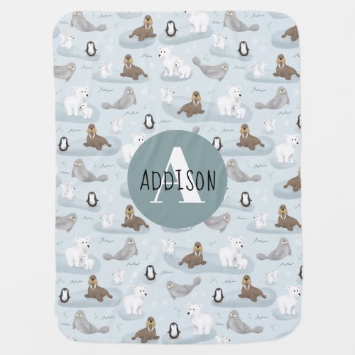 Boys Cute Winter Arctic Animals Monogram Baby Blanket