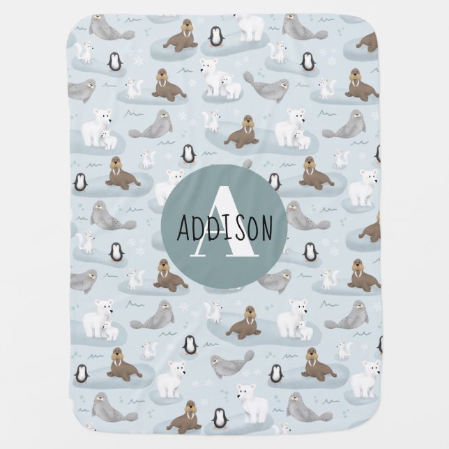 Boys Cute Winter Arctic Animals Monogram Baby Blanket (Front)