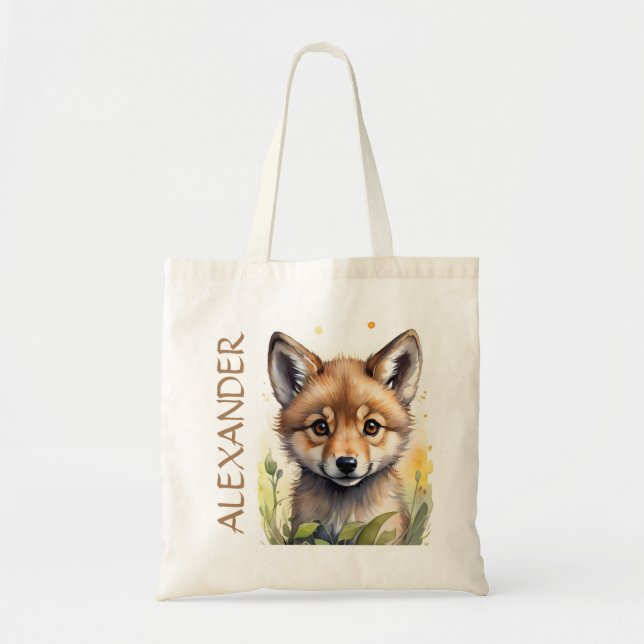 Boys Cute Wolf Wildlife Watercolor Personalised Tote Bag (Front)