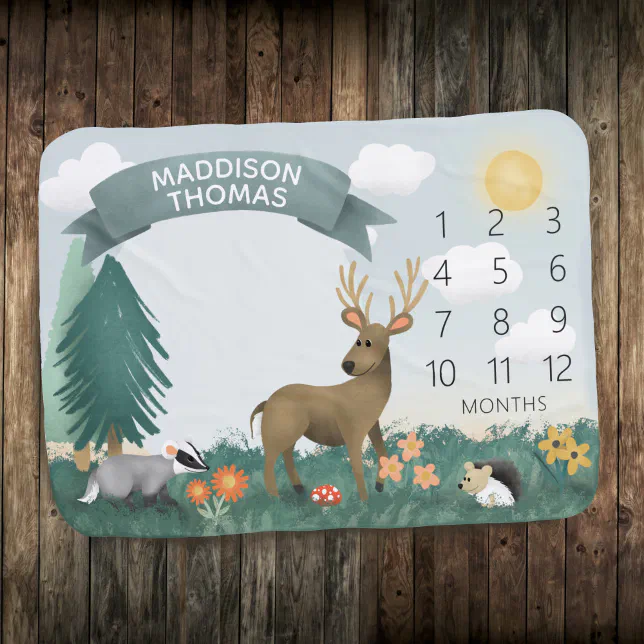 Boys Cute Woodland Animals Monthly Milestone Baby Blanket | Zazzle