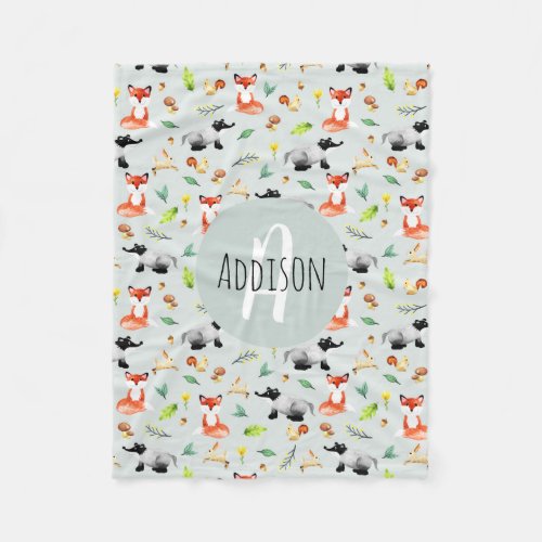 Boys Cute Woodland Forest Animal Pattern Name Kids Fleece Blanket