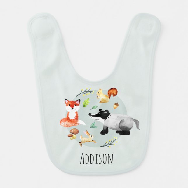 Boys Cute Woodland Forest Animals and Name Baby Bib (Front)