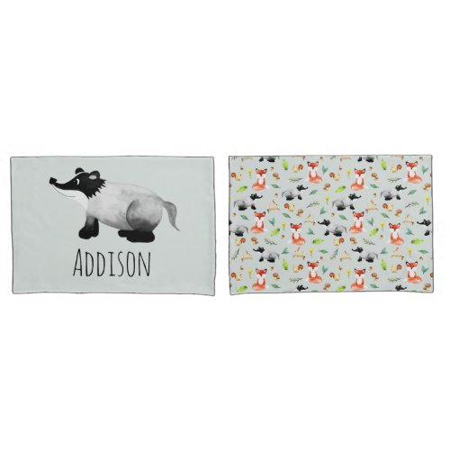 Boys Cute Woodland Forest Animals Badger Name Kids Pillow Case