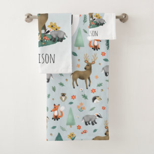 Boys Cute Woodland Forest Animals Kids Monogram Bath Towel Set