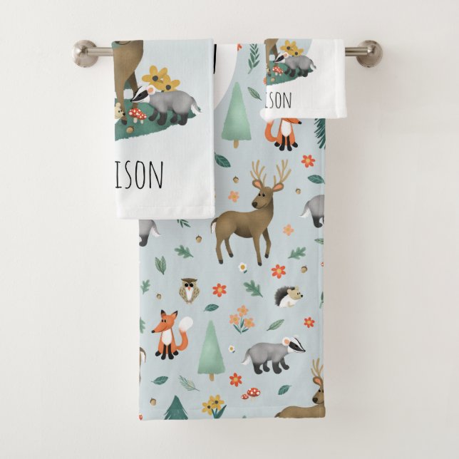Boys Cute Woodland Forest Animals Kids Monogram Bath Towel Set (Insitu)