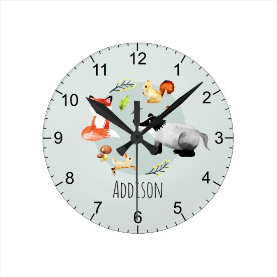 Boys Cute Woodland Forest Animals Kids Nursery Round Clock