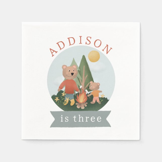 Boys Cute Woodland Forest Camping Bears Birthday  Napkins (Front)