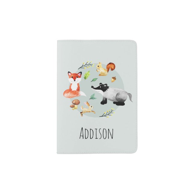 Boys Cute Woodland Fox Forest Animals & Name Kids Passport Holder (Front)
