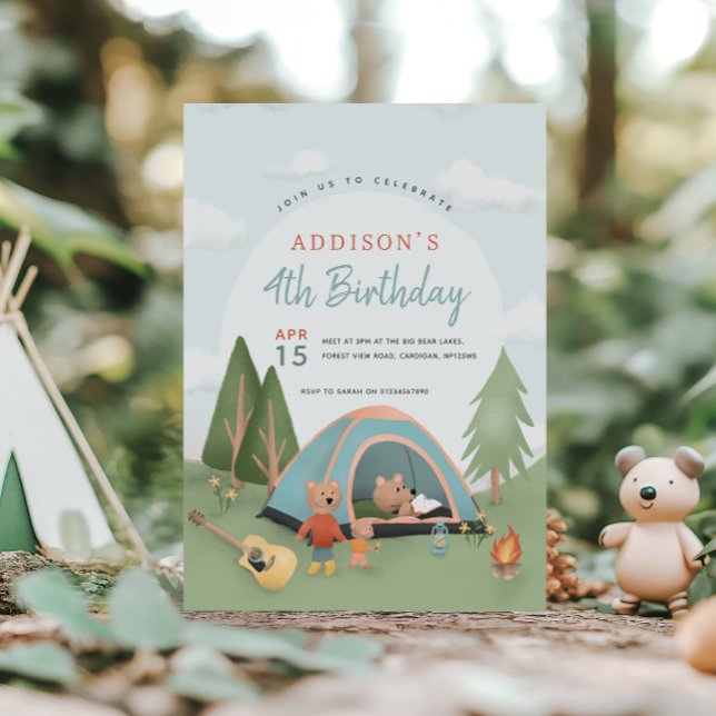Boys Cute Woodland Happy Camper Bear Birthday Invitation (Creator Uploaded)