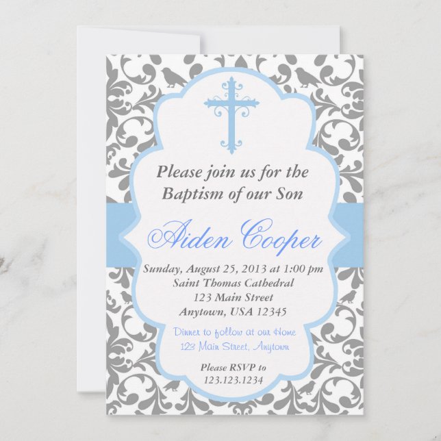 Boys Damask Baptism Invitation (Front)