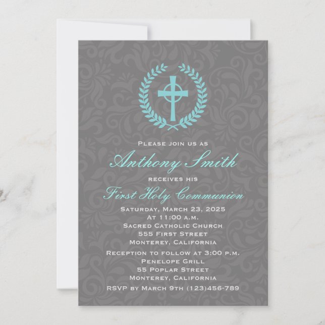 Boy's Damask First Comunion Invitation with Cross (Front)