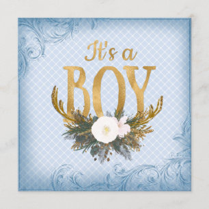 Boys Deer Antler Baby Shower Blue and Gold Invitation