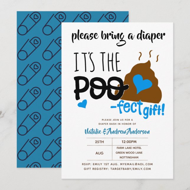 Boys DIAPER Party Blue POOP Emoji Poofect Invitation (Front/Back)