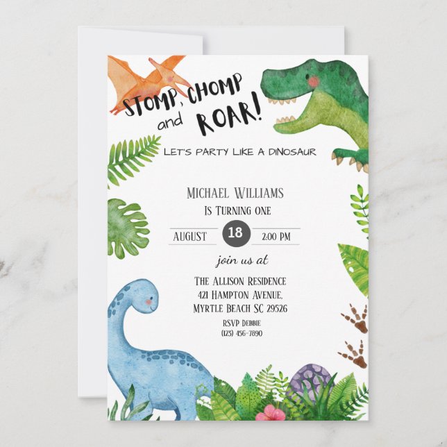 Boys Dinosaur 1st Birthday Party Invitation (Front)