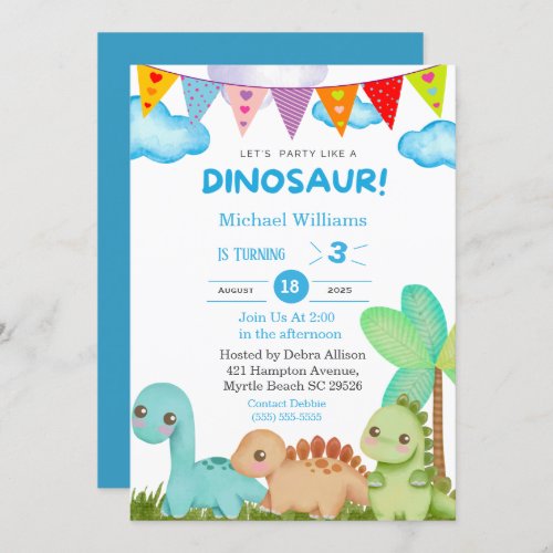 Boys Dinosaur 3rd Birthday Party Invitation