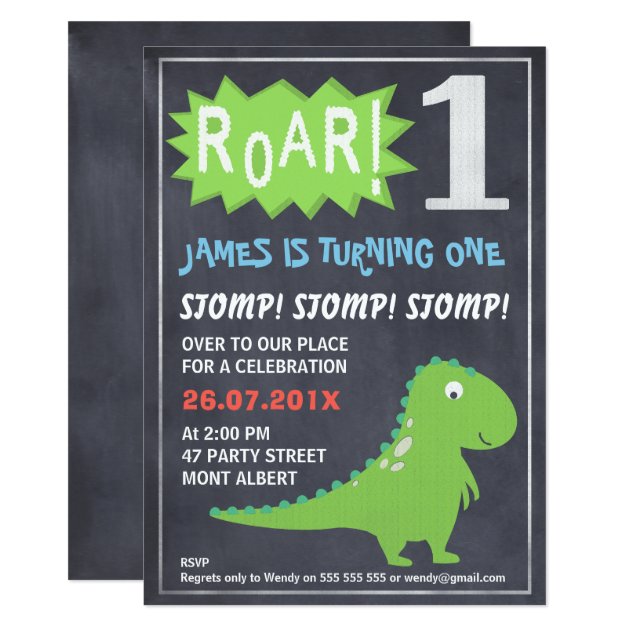 Boys Dinosaur Chalkboard 1st Birthday Invitation