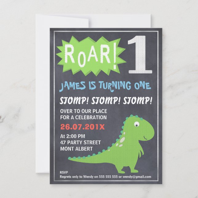 Boys Dinosaur Chalkboard 1st Birthday Invitation (Front)