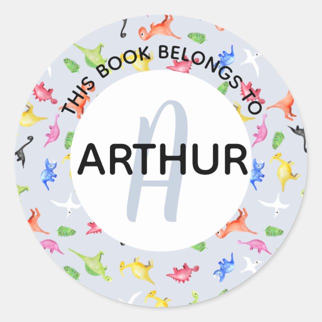 Boys Dinosaur Monogram and Name Bookplate (Front)