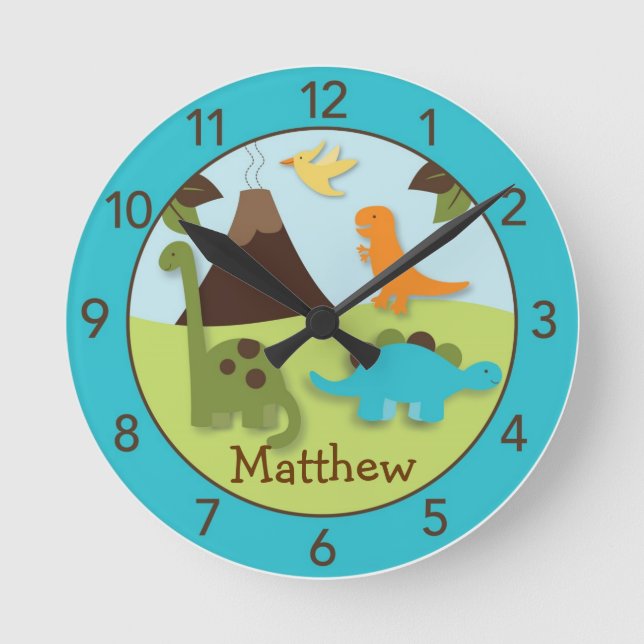 Boys Dinosaur Personalized Nursery Wall Clock (Front)