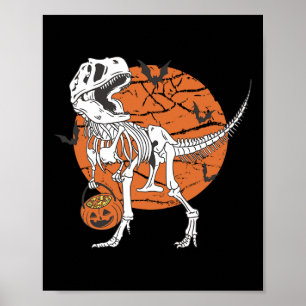 Boys Dinosaur Skeleton T Rex Scary Pumpkin Moon Poster