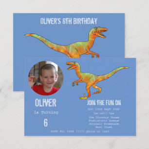 Boys Dinosaur Velociraptor 6th Birthday Party Blue Invitation