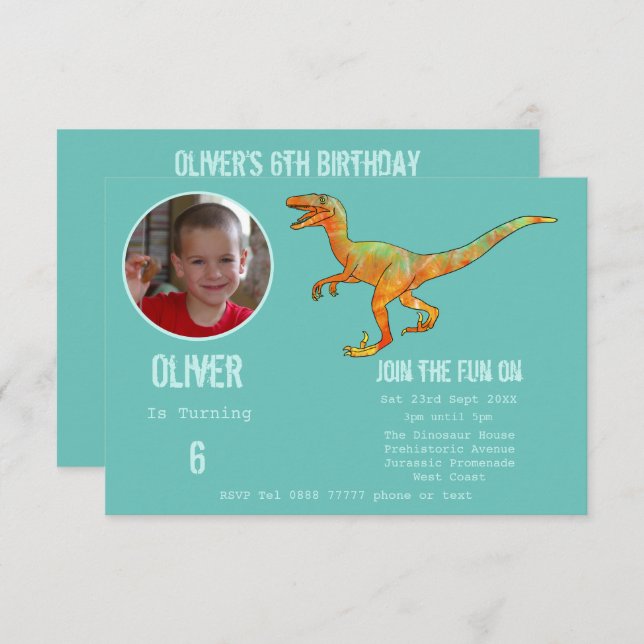 Boys Dinosaur Velociraptor 6th Birthday Party Teal Invitation (Front/Back)