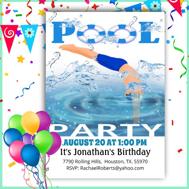 Boys Diving Pool Party Invitation (Creator Uploaded)