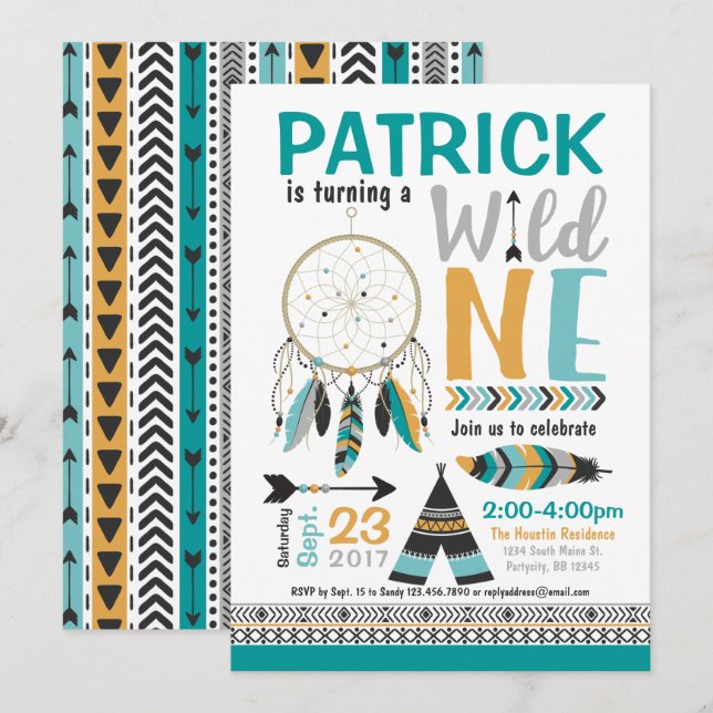 Boys Dreamcatcher Wild ONE 1st Birthday Invitation (Front/Back)
