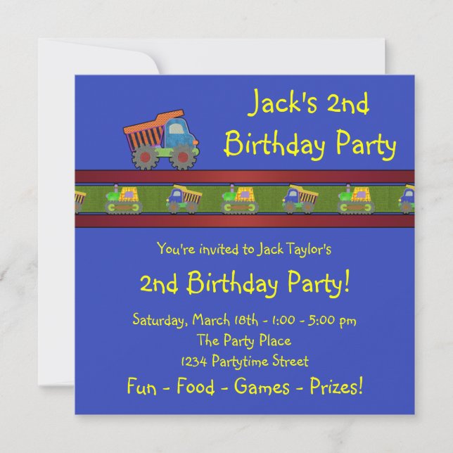 Boys Dump Truck Birthday Party Invitation (Front)
