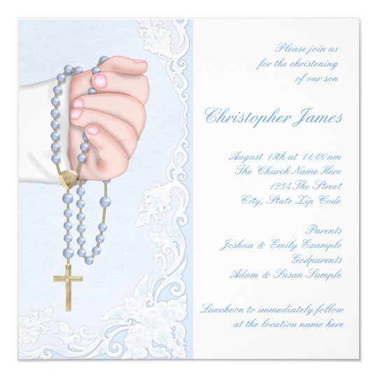 Boys Elegant Baby Blue Rosary Christening Invitation 