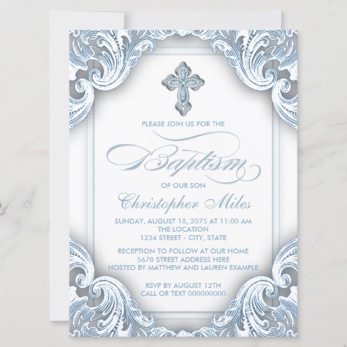 Boys Elegant Blue Cross Baptism Invitation