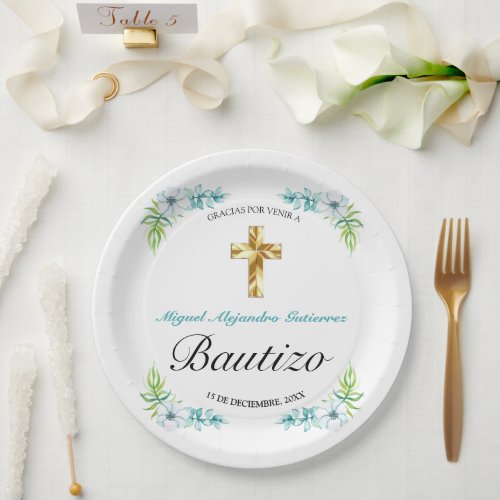 Boys Elegant Blue Floral Bautizo Paper Plates