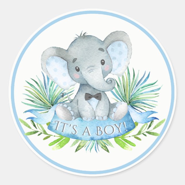 Boys Elephant Baby Shower Stickers (Front)