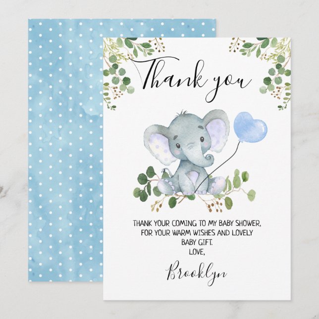 Boy's Elephant Baby Shower Thank You Card (Front/Back)
