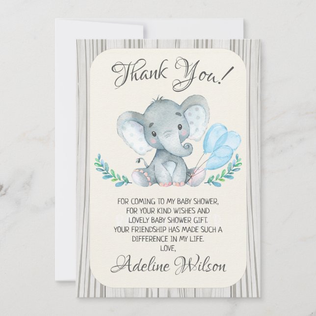Boys Elephant Baby Shower Thank You Card (Front)