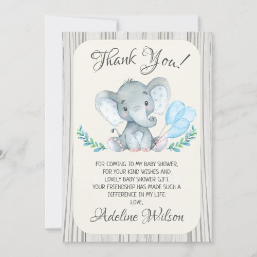 Boys Elephant Baby Shower Thank You Card - Boys Elephant Baby Shower Thank You Card

Cute watercolor elephant,  blue balloons and foliage thank you card.  This is a sweet way to thank guests for coming to your baby shower.  Same design baby shower invitation is also available at the store.