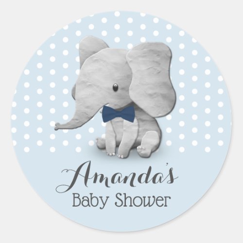 Boys Elephant Cute Blue Polka Dots Baby Shower Classic Round Sticker