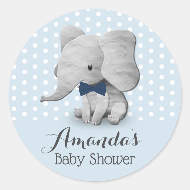 Boys Elephant Cute Blue Polka Dots Baby Shower Classic Round Sticker (Front)