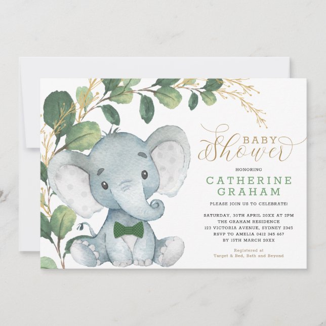 Boys Elephant Greenery Gold Garden Baby Shower Invitation (Front)