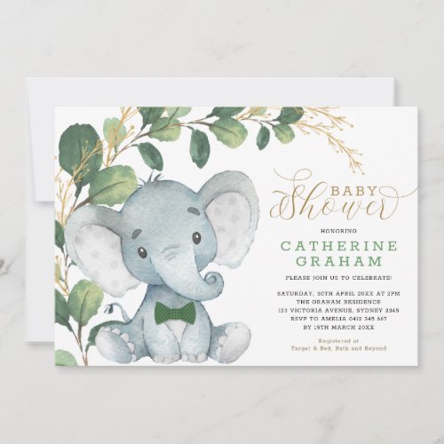 Boys Elephant Greenery Gold Garden Baby Shower Invitation