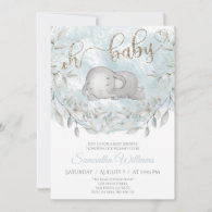 Boy's Elephant Greenery Watercolor Baby Shower Invitation