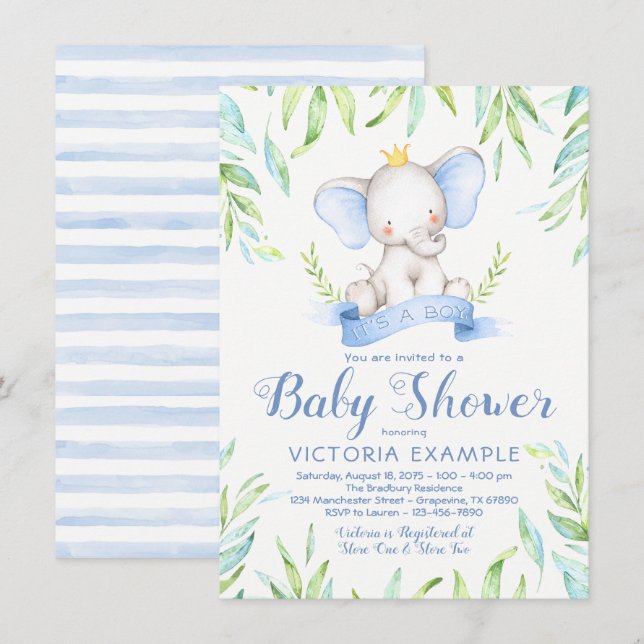 Boys Elephant Prince Baby Shower Invitations (Front/Back)