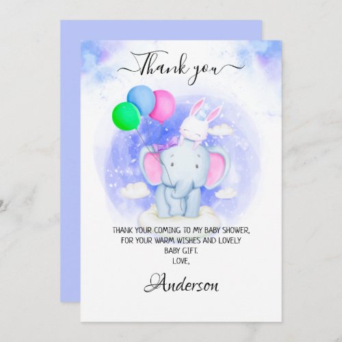 Boys Elephant Rabbit With Balloons Baby Shower Thank You Card