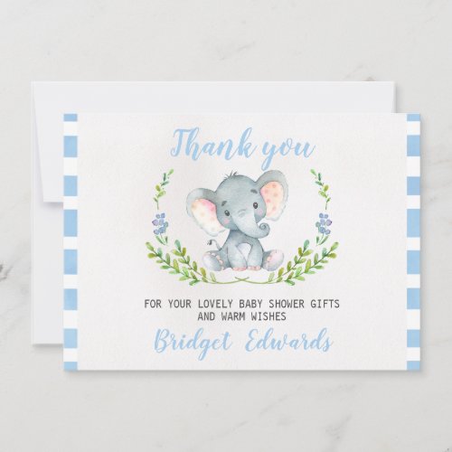 Boys Elephant Thank You Baby Shower Card - This boy's watercolor elephant baby shower thank you card features a berry and foliage wreath and a cute elephant on a scanned watercolor paper image.  The sides of the card feature a baby blue and white striped pattern. Similar design baby shower invitation is also available at the store. This boy's water elephant baby shower thank you card is ready to be personalized.