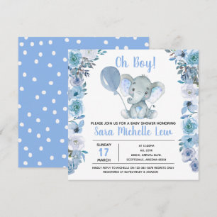 boy's Elephant Watercolor Baby Shower Invitation