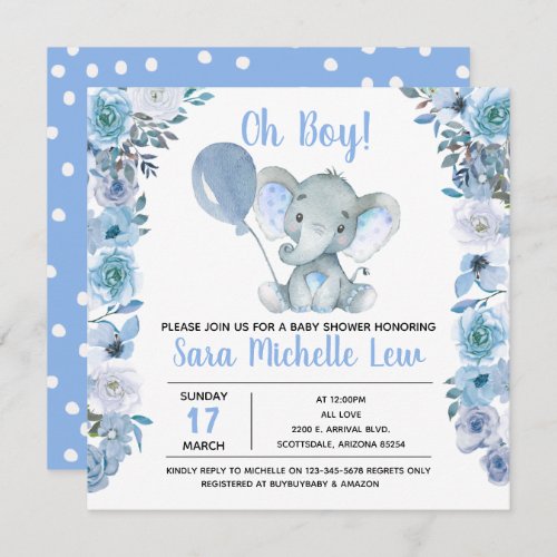boys Elephant Watercolor Baby Shower Invitation
