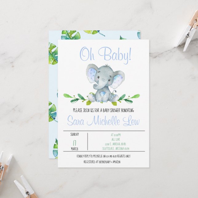 Boy's Elephant Watercolor Baby Shower Invitation (Front/Back In Situ)