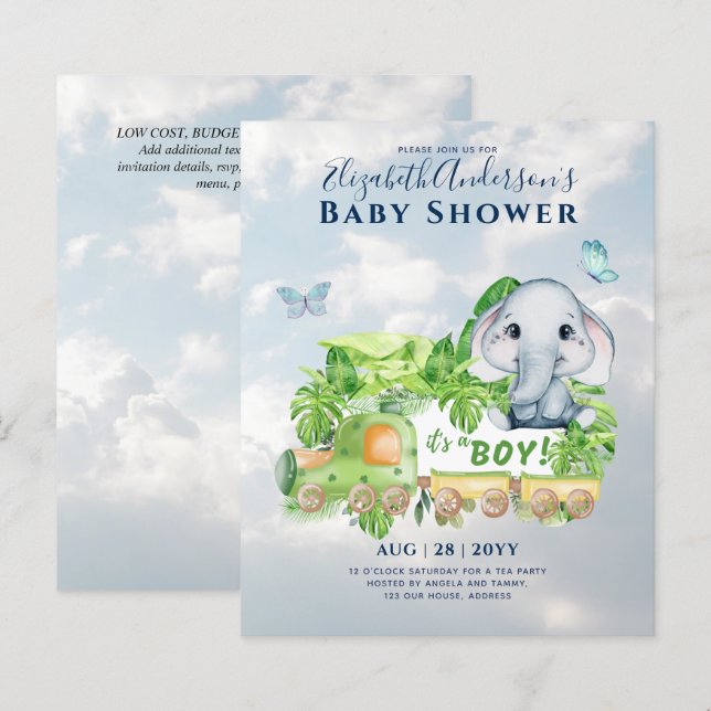 Boys Elephant Watercolor Baby Shower Invitation (Front/Back)